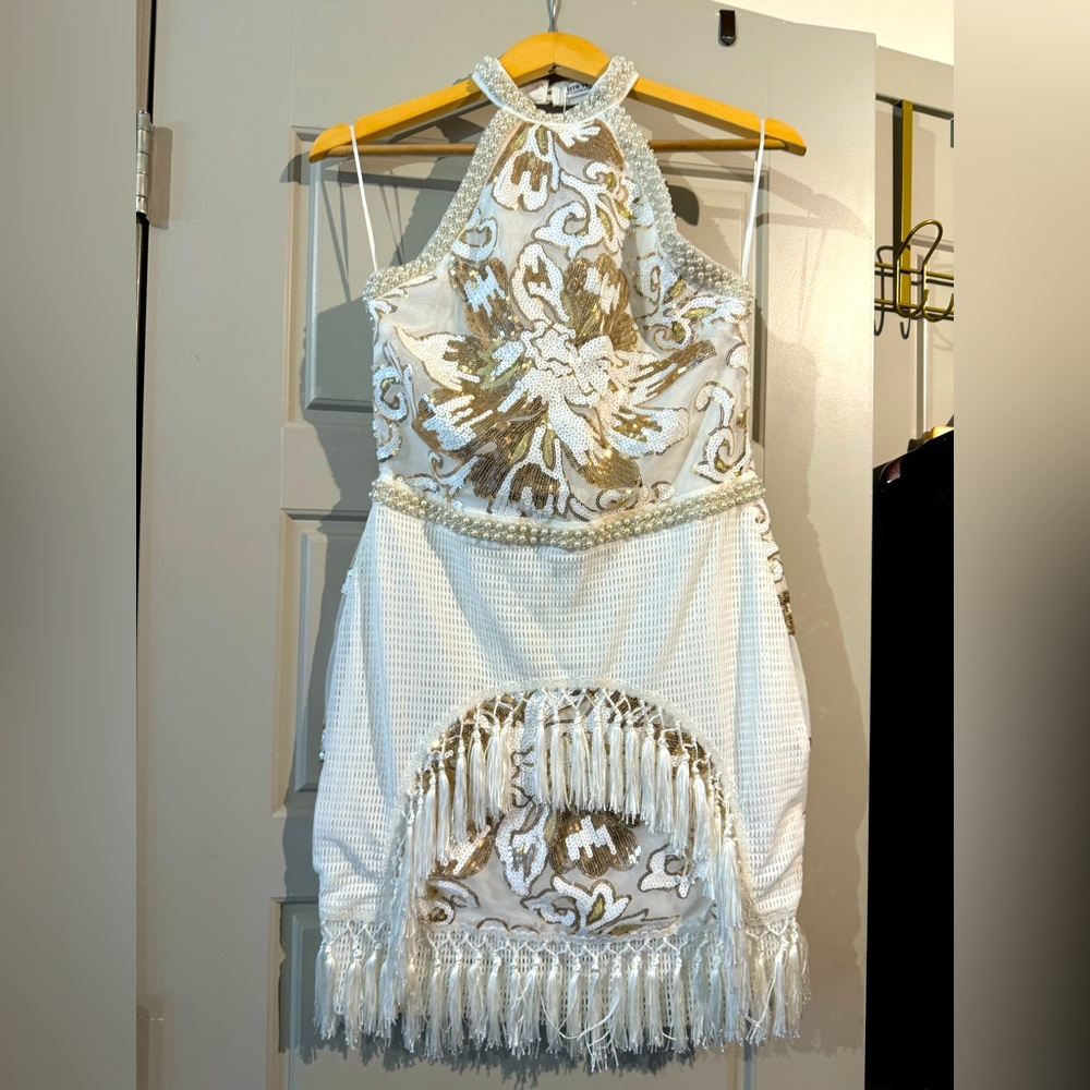 12th Tribe Gold Dust White Sequin Fringe Dress size Large. BRAND NEW